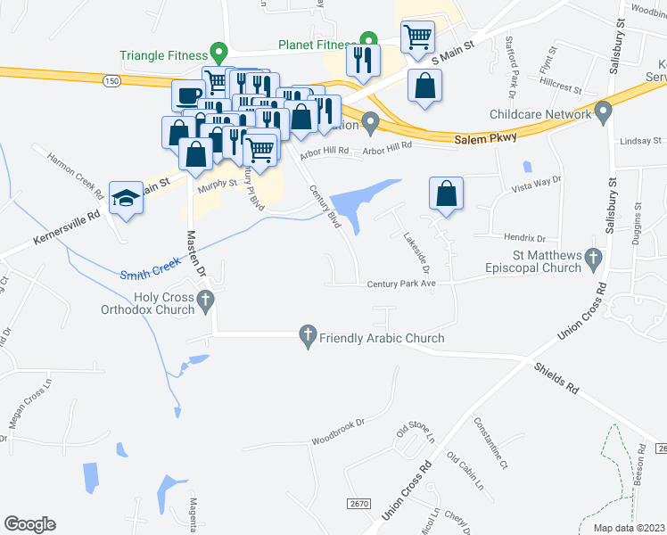 map of restaurants, bars, coffee shops, grocery stores, and more near 410 Cameronden Court in Kernersville
