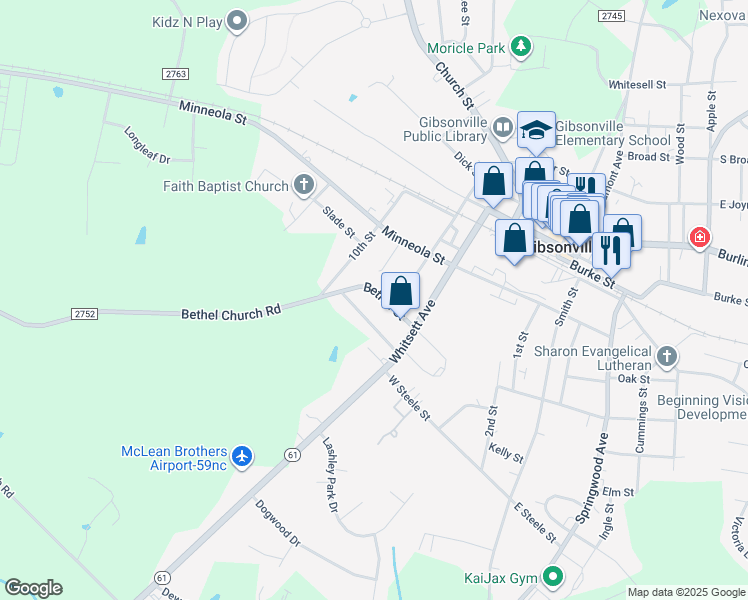 map of restaurants, bars, coffee shops, grocery stores, and more near 407 Bethel Street in Gibsonville