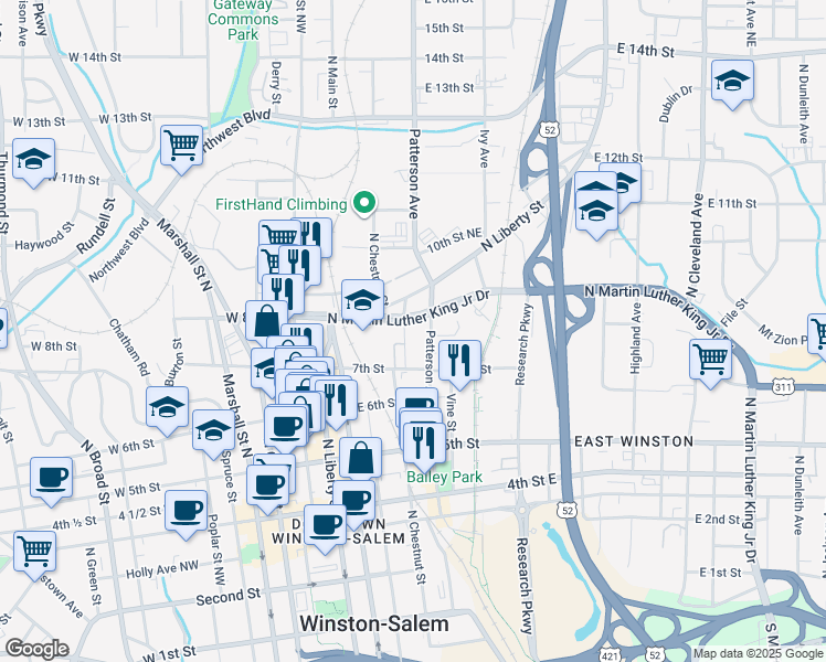 map of restaurants, bars, coffee shops, grocery stores, and more near 738 North Chestnut Street in Winston-Salem