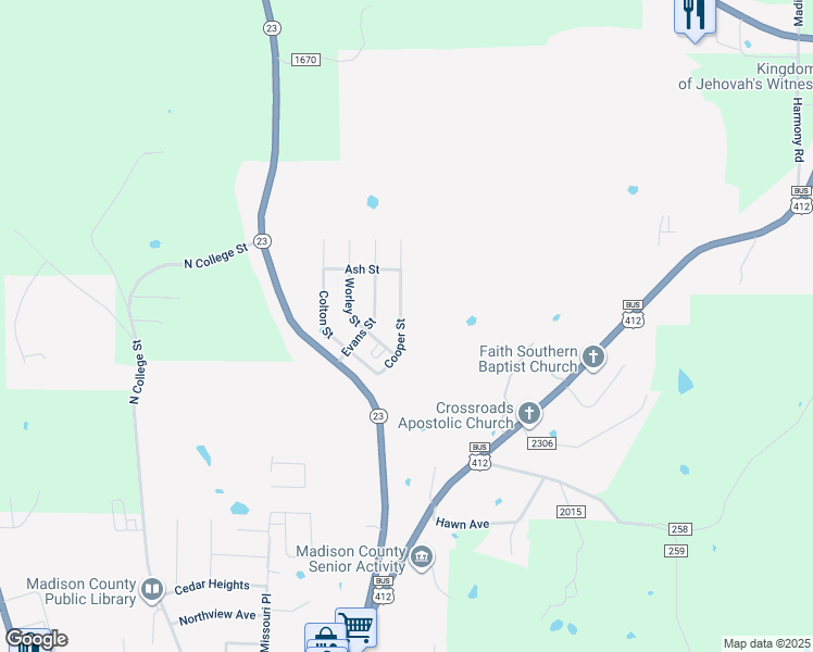 map of restaurants, bars, coffee shops, grocery stores, and more near 107 Cedar Bluff Street in Huntsville