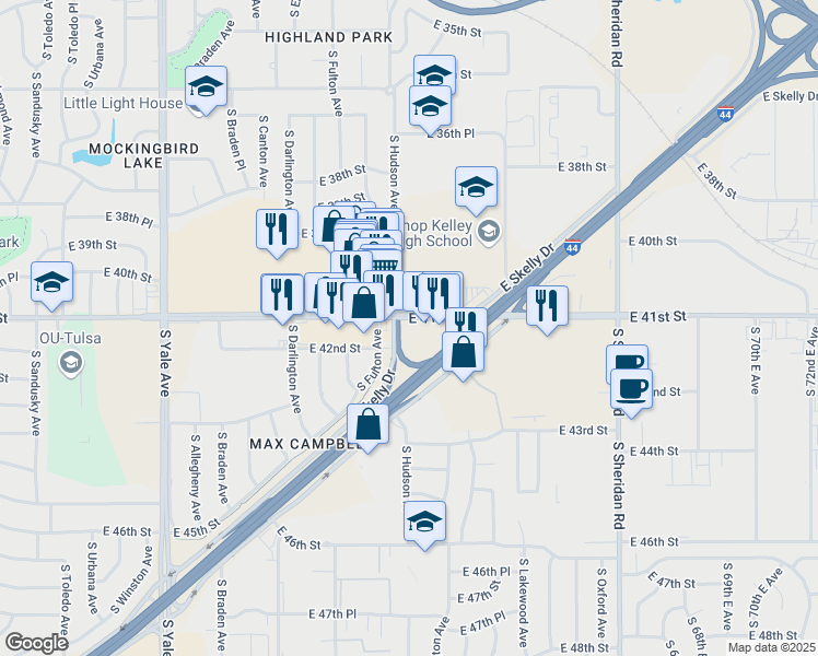 map of restaurants, bars, coffee shops, grocery stores, and more near 5551 East Skelly Drive in Tulsa