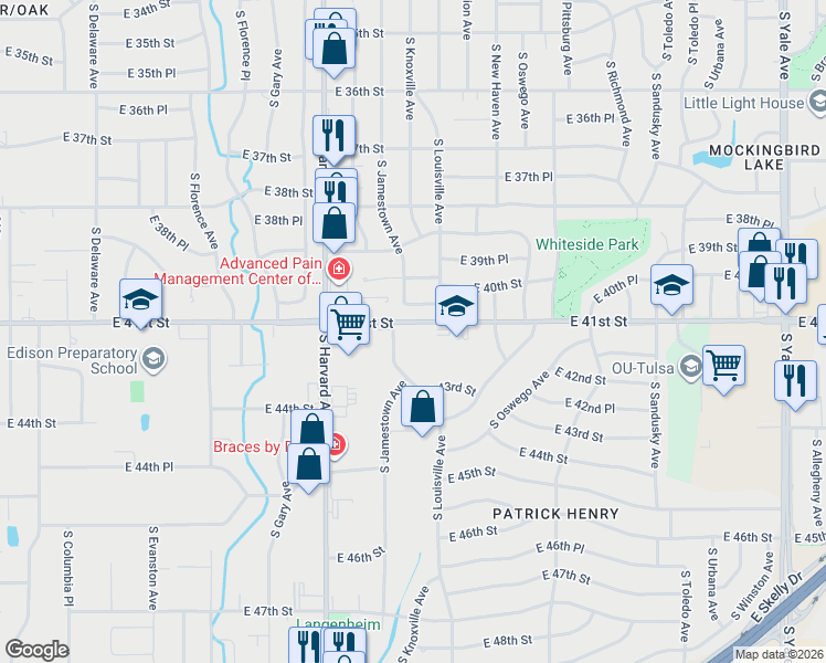 map of restaurants, bars, coffee shops, grocery stores, and more near 4123 South Jamestown Avenue in Tulsa