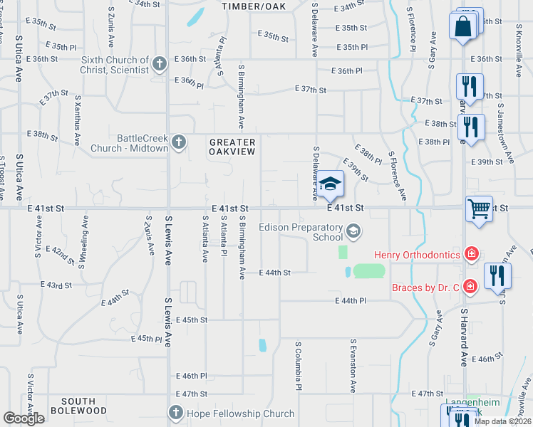 map of restaurants, bars, coffee shops, grocery stores, and more near 4117 South Birmingham Place in Tulsa
