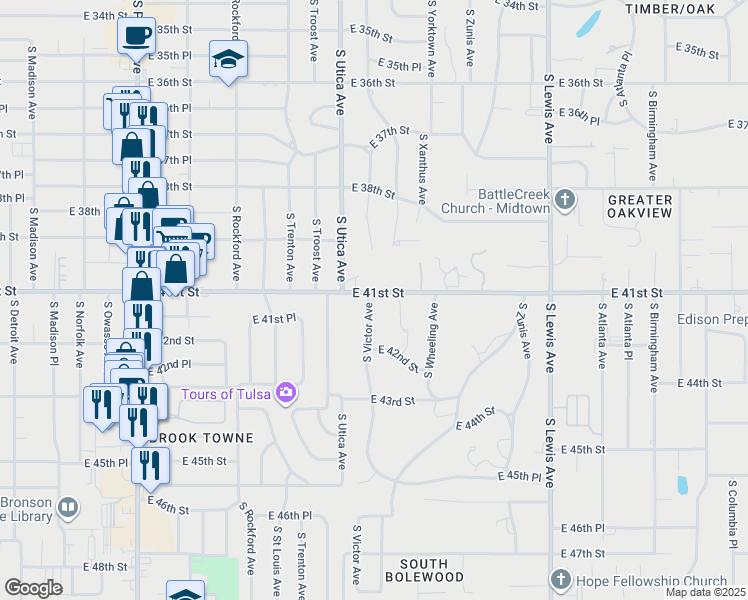 map of restaurants, bars, coffee shops, grocery stores, and more near 4125 South Victor Avenue in Tulsa