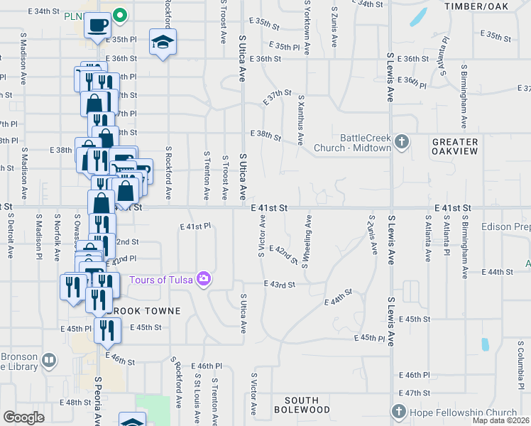 map of restaurants, bars, coffee shops, grocery stores, and more near 4125 South Victor Avenue in Tulsa