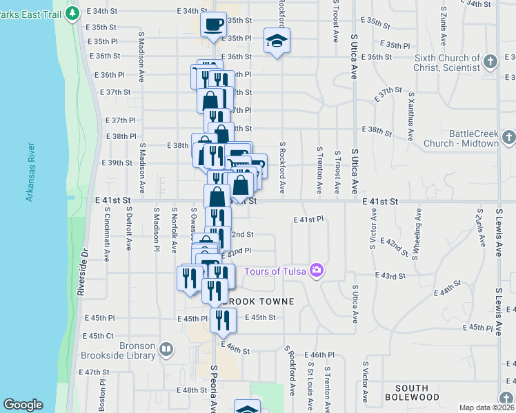 map of restaurants, bars, coffee shops, grocery stores, and more near in Tulsa