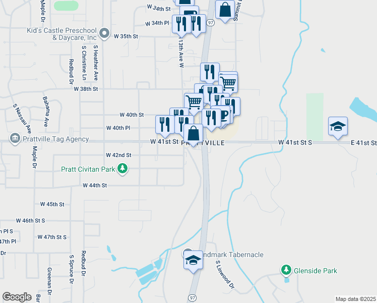 map of restaurants, bars, coffee shops, grocery stores, and more near 4347 South 113th Avenue West in Sand Springs