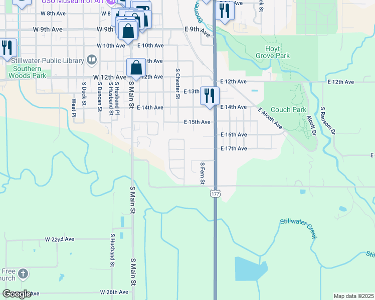 map of restaurants, bars, coffee shops, grocery stores, and more near 410 East 17th Avenue in Stillwater