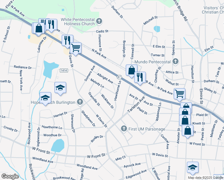 map of restaurants, bars, coffee shops, grocery stores, and more near 1516 Melody Lane in Burlington
