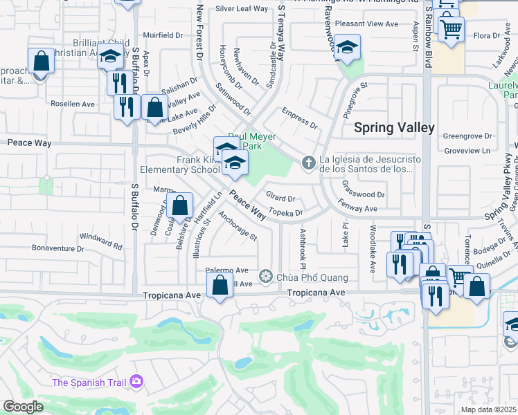 map of restaurants, bars, coffee shops, grocery stores, and more near 7399 Topeka Drive in Las Vegas
