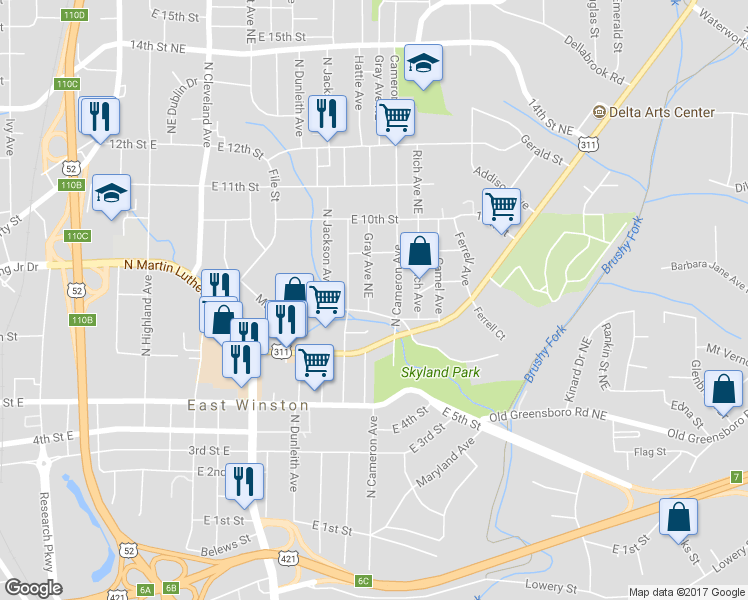 map of restaurants, bars, coffee shops, grocery stores, and more near 809 Gray Avenue Northeast in Winston-Salem