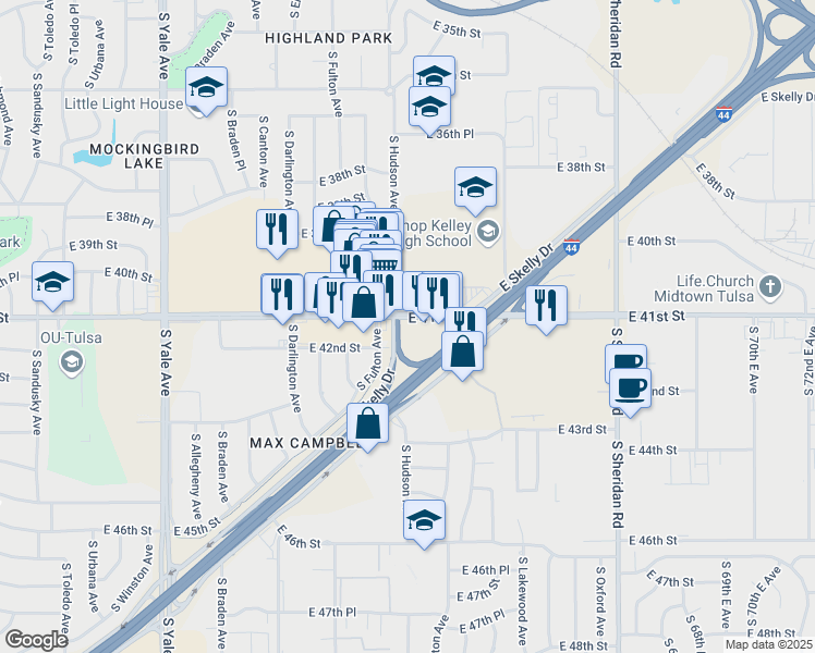 map of restaurants, bars, coffee shops, grocery stores, and more near 5730 East 41st Street in Tulsa
