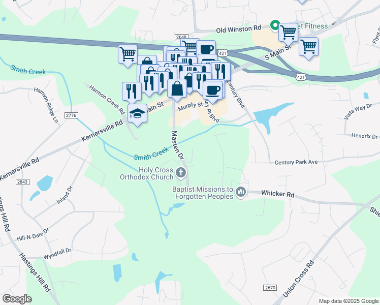 map of restaurants, bars, coffee shops, grocery stores, and more near 1237 Masten Drive in Kernersville