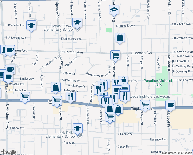 map of restaurants, bars, coffee shops, grocery stores, and more near 2275 Renaissance Drive in Las Vegas
