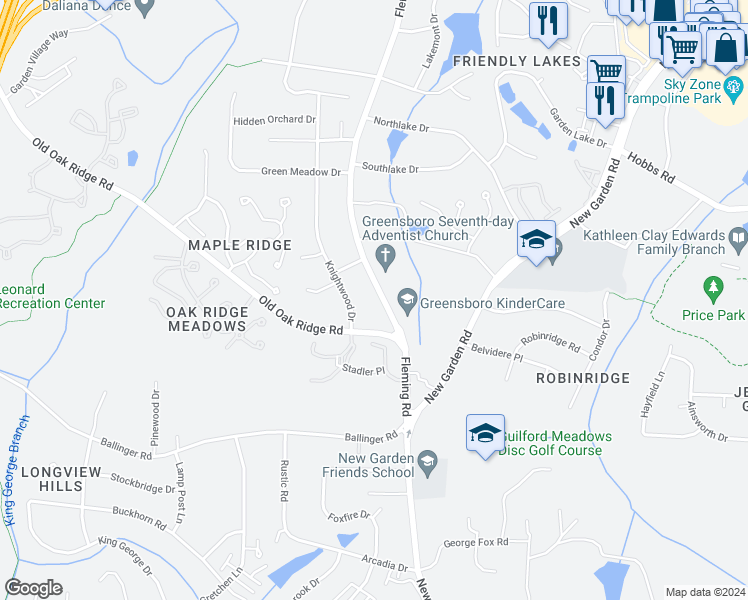 map of restaurants, bars, coffee shops, grocery stores, and more near 1309 Fleming Road in Greensboro