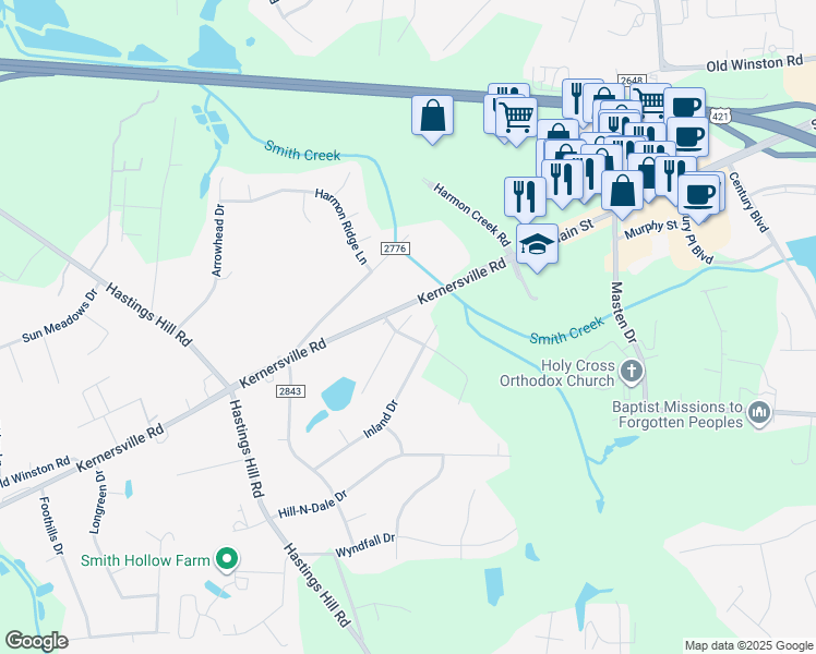 map of restaurants, bars, coffee shops, grocery stores, and more near 4815 Rolling Road in Kernersville