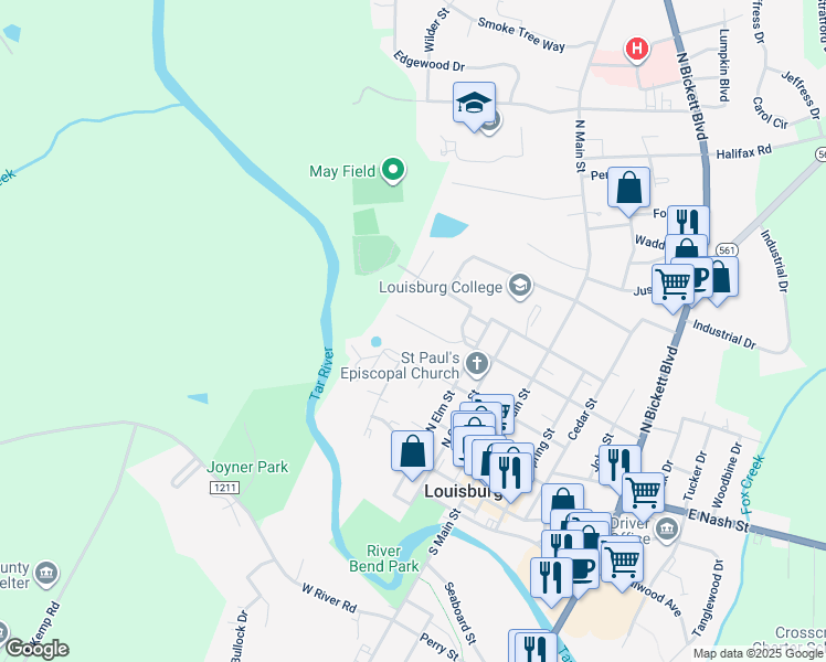 map of restaurants, bars, coffee shops, grocery stores, and more near 409 West Noble Street in Louisburg