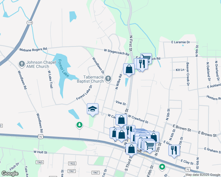 map of restaurants, bars, coffee shops, grocery stores, and more near 513-515 N Charles St in Mebane