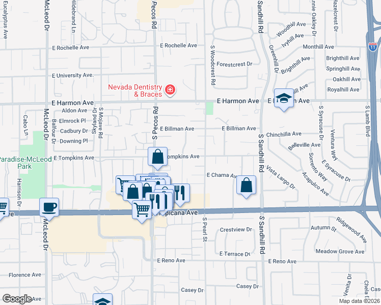 map of restaurants, bars, coffee shops, grocery stores, and more near 3543 East Tompkins Avenue in Las Vegas