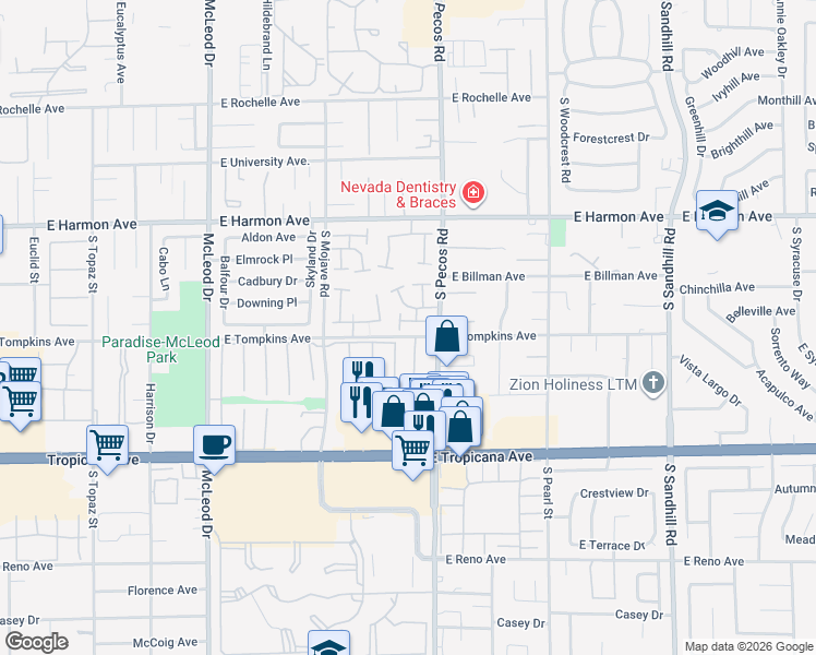 map of restaurants, bars, coffee shops, grocery stores, and more near 4713 East Montara Circle in Las Vegas
