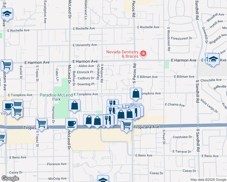 map of restaurants, bars, coffee shops, grocery stores, and more near 24 North Montara Circle in Las Vegas