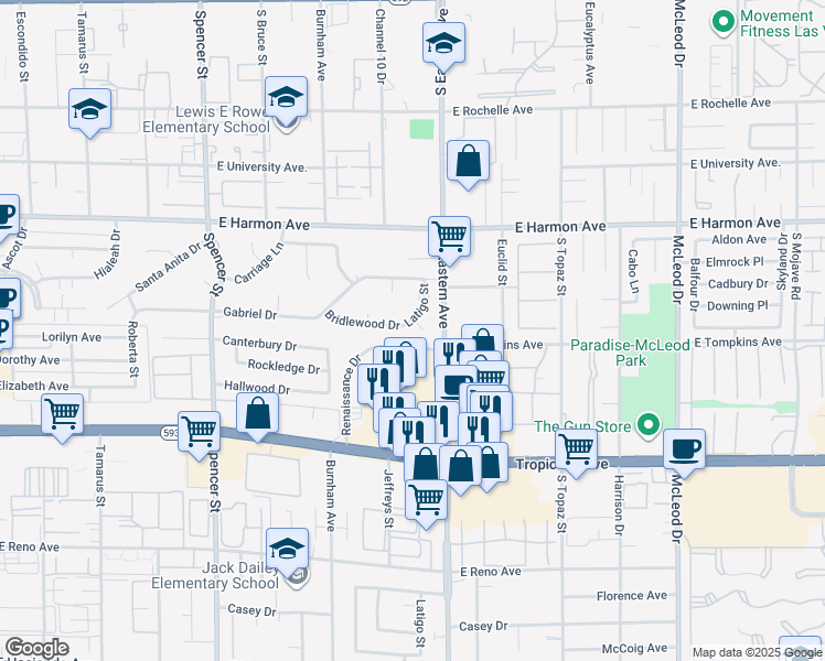 map of restaurants, bars, coffee shops, grocery stores, and more near 2373 Renaissance Drive in Las Vegas