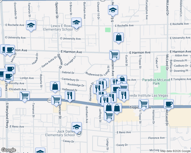 map of restaurants, bars, coffee shops, grocery stores, and more near 2275 Renaissance Drive in Las Vegas