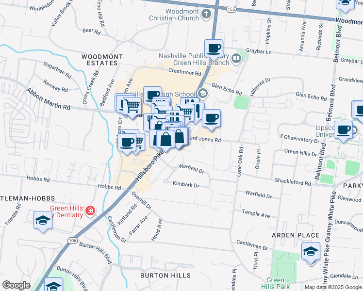 map of restaurants, bars, coffee shops, grocery stores, and more near 4004 Hillsboro Road in Nashville
