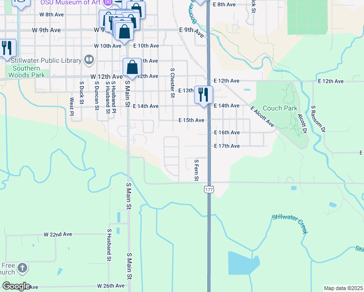map of restaurants, bars, coffee shops, grocery stores, and more near 410 East 17th Avenue in Stillwater