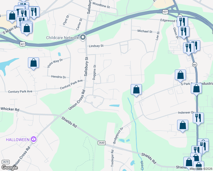 map of restaurants, bars, coffee shops, grocery stores, and more near 406 Peace Rollins Court in Kernersville