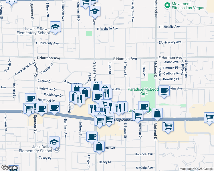 map of restaurants, bars, coffee shops, grocery stores, and more near 2460 East Tompkins Avenue in Las Vegas
