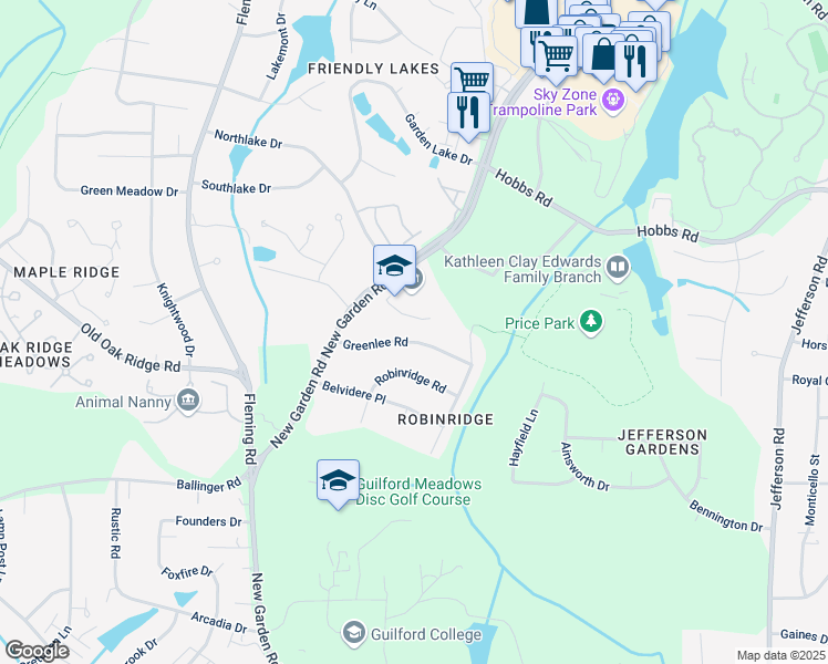 map of restaurants, bars, coffee shops, grocery stores, and more near 5605 Greenlee Road in Greensboro