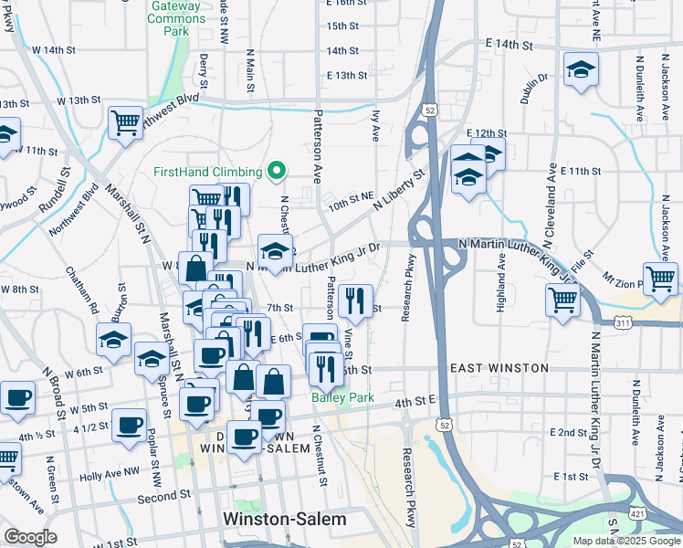 map of restaurants, bars, coffee shops, grocery stores, and more near 757 Patterson Avenue in Winston-Salem