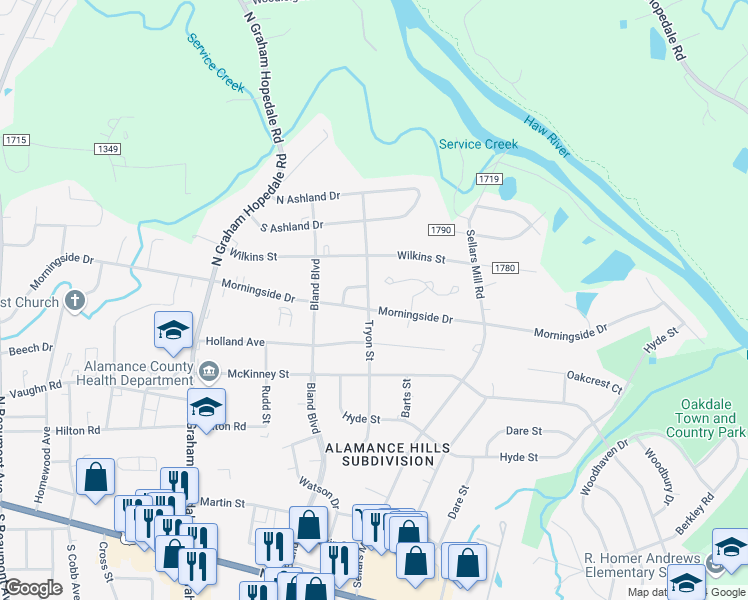 map of restaurants, bars, coffee shops, grocery stores, and more near 2204 Morningside Drive in Burlington