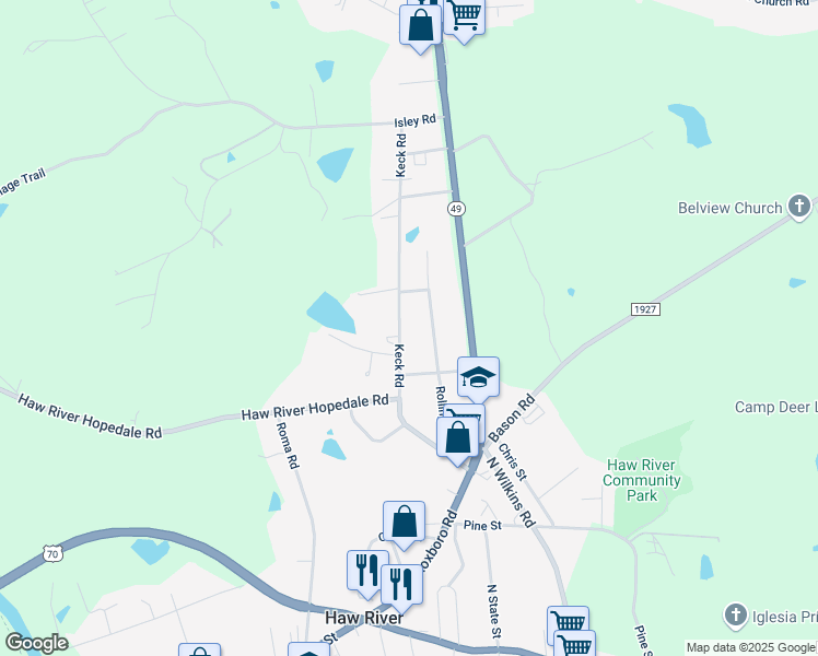 map of restaurants, bars, coffee shops, grocery stores, and more near 608 Rolling Road in Haw River