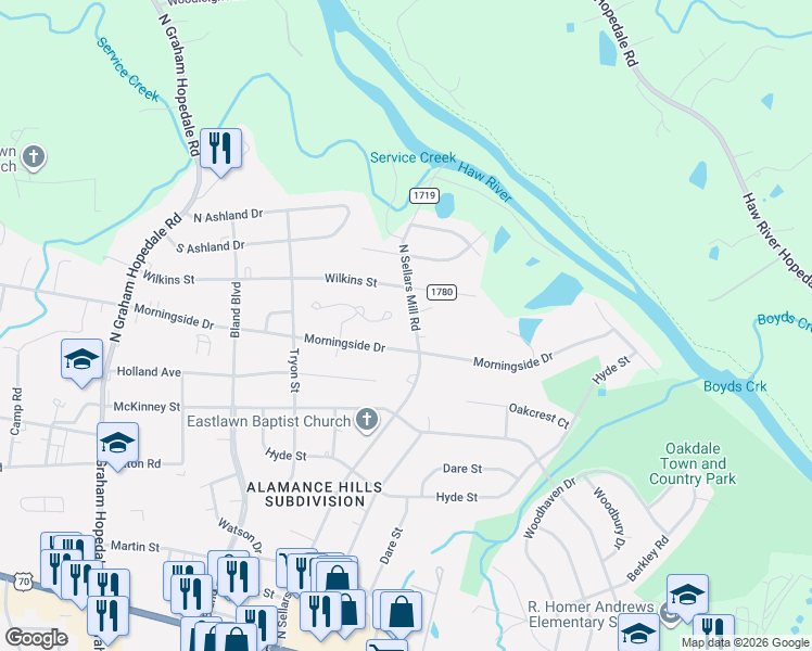 map of restaurants, bars, coffee shops, grocery stores, and more near 700-704 N Sellars Mill Rd in Burlington