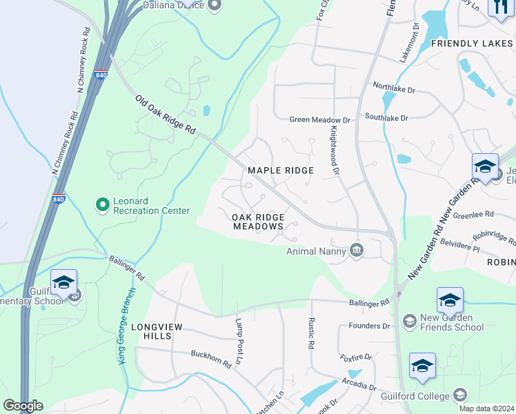 map of restaurants, bars, coffee shops, grocery stores, and more near 1106 Birch Tree Way in Greensboro