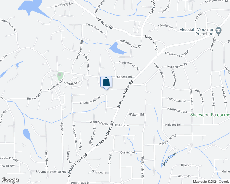 map of restaurants, bars, coffee shops, grocery stores, and more near 4130 Aquadale Lane in Winston-Salem