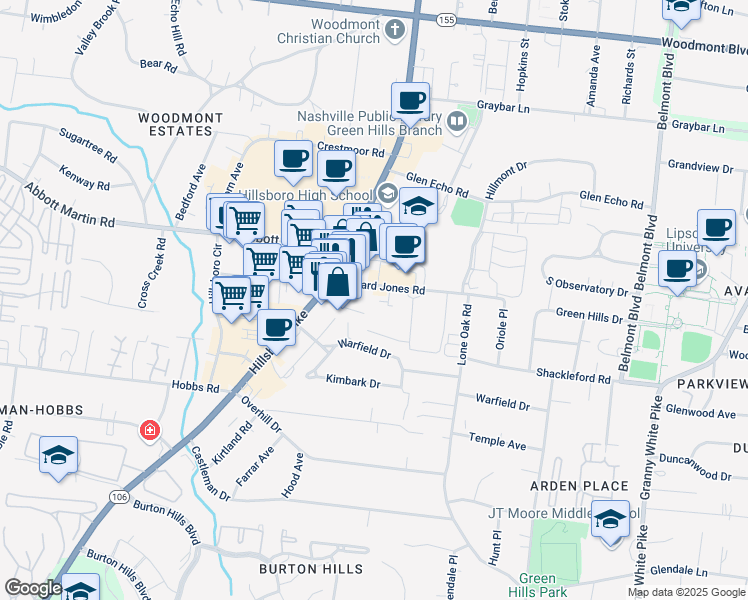 map of restaurants, bars, coffee shops, grocery stores, and more near 4004 Hillsboro Road in Nashville