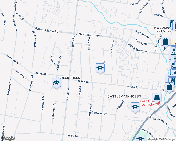 map of restaurants, bars, coffee shops, grocery stores, and more near 4123 Wallace Lane in Nashville