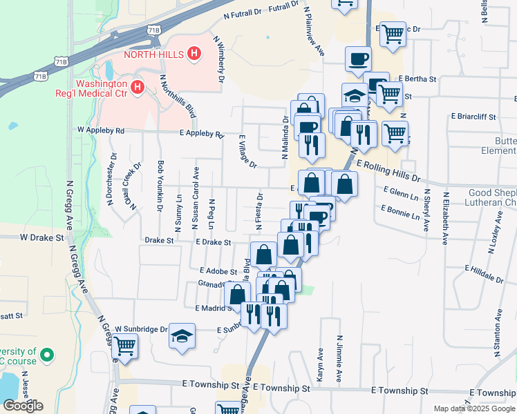 map of restaurants, bars, coffee shops, grocery stores, and more near 442 East Redbud Lane in Fayetteville