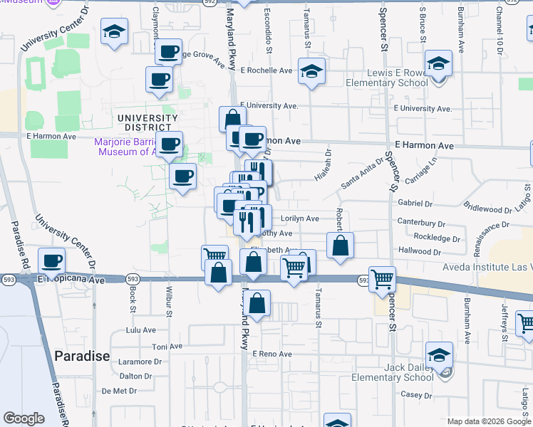 map of restaurants, bars, coffee shops, grocery stores, and more near 1300 Lorilyn Avenue in Las Vegas