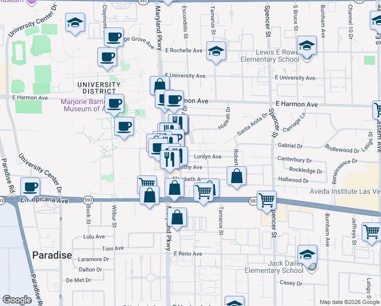 map of restaurants, bars, coffee shops, grocery stores, and more near 1344 Lorilyn Avenue in Las Vegas