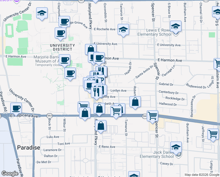 map of restaurants, bars, coffee shops, grocery stores, and more near 1320 Dorothy Avenue in Las Vegas