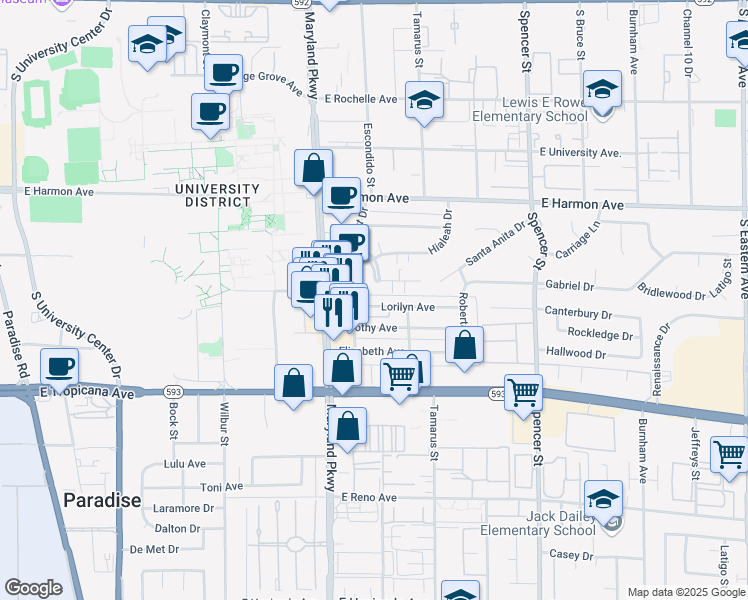 map of restaurants, bars, coffee shops, grocery stores, and more near 1344 Lorilyn Avenue in Las Vegas