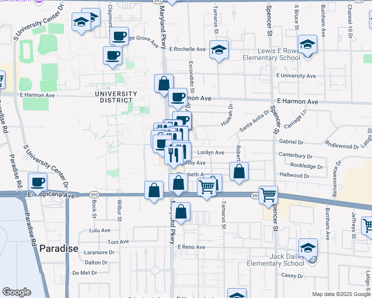 map of restaurants, bars, coffee shops, grocery stores, and more near 1300 Lorilyn Avenue in Las Vegas