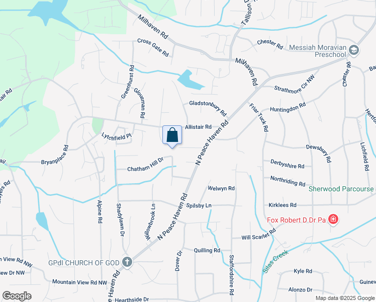 map of restaurants, bars, coffee shops, grocery stores, and more near 812 North Peace Haven Road in Winston-Salem