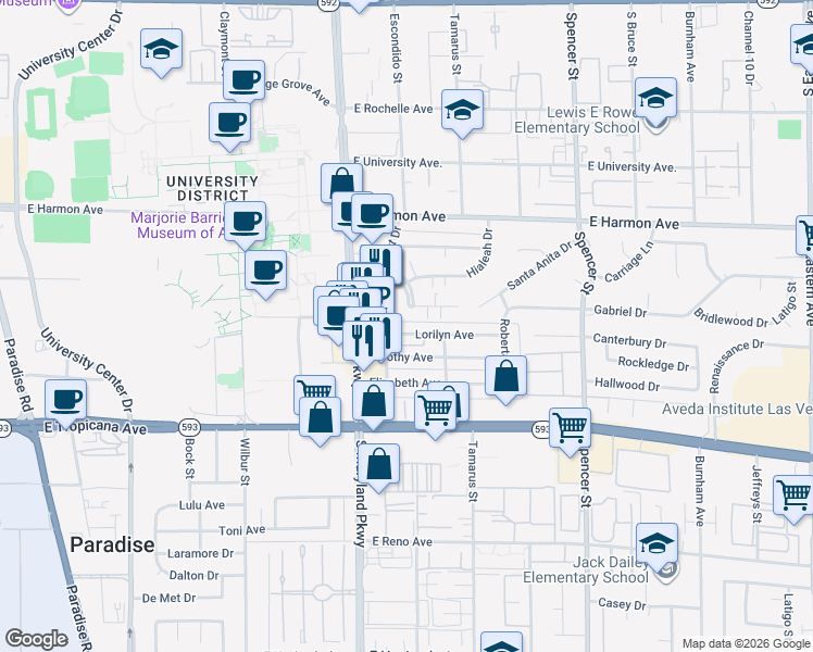 map of restaurants, bars, coffee shops, grocery stores, and more near 1320 Dorothy Avenue in Las Vegas