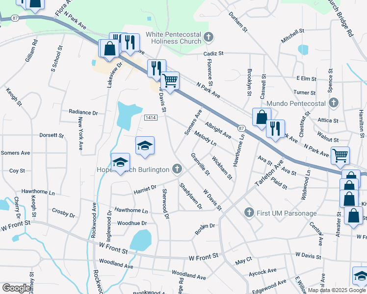 map of restaurants, bars, coffee shops, grocery stores, and more near 1610 Granville Street in Burlington