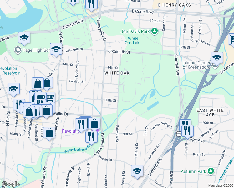 map of restaurants, bars, coffee shops, grocery stores, and more near 1215 11th Street in Greensboro